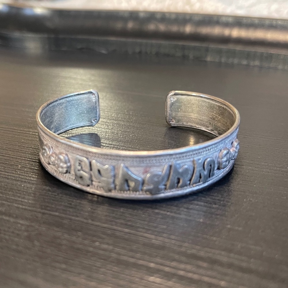 Vintage Sterling Silver Tibetan Manyra Cuff Bracelet